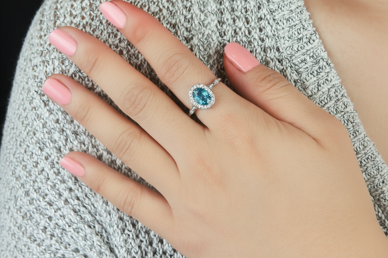 Hand wearing a ring with a blue gemstone on a textured fabric background