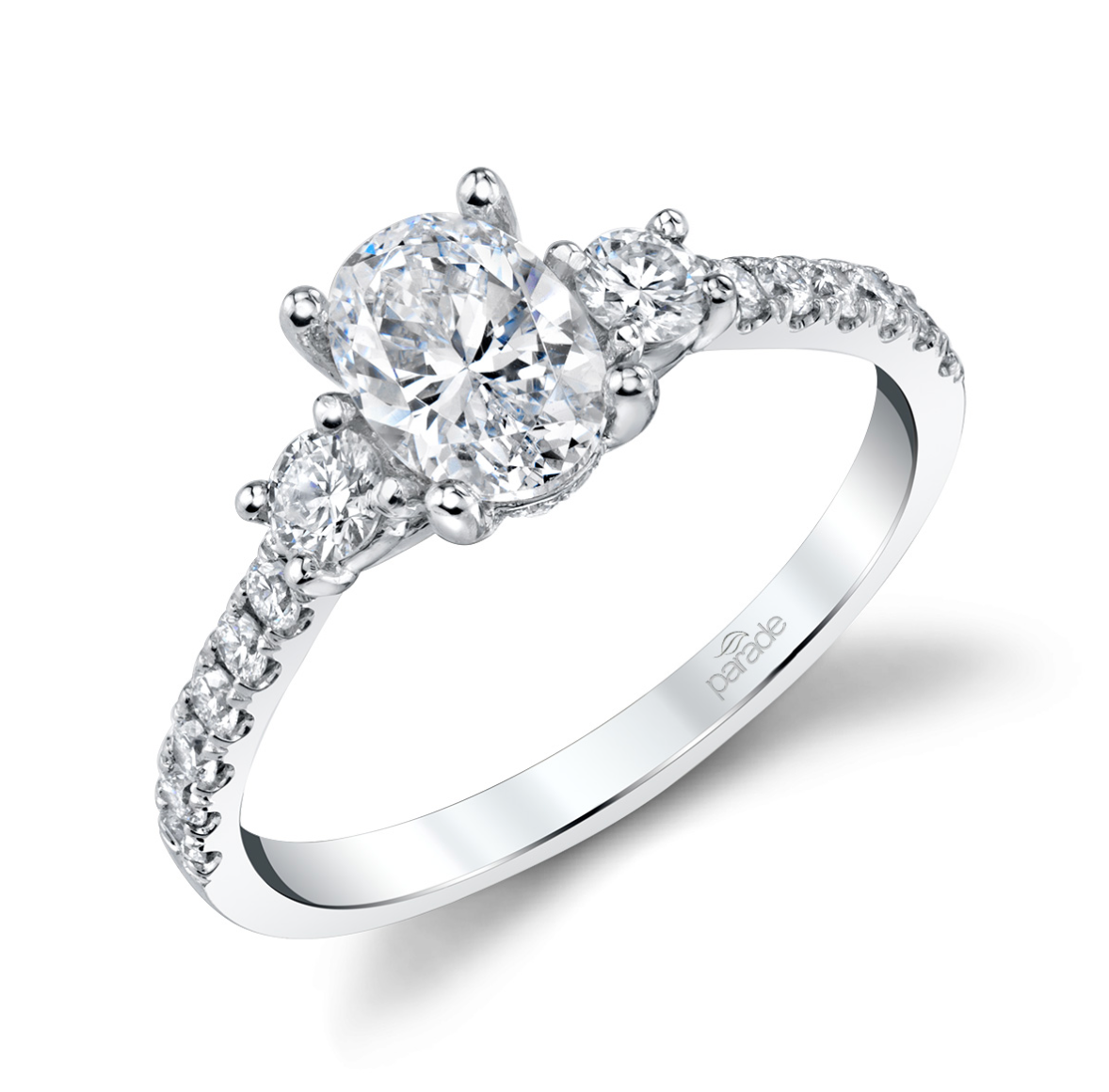 3-Stone Semi-Mount Ring with Oval Center & Round Diamond Sides in 14K White Gold