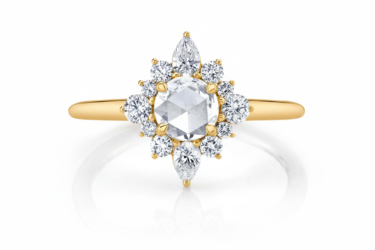Round Solitaire Semi-Mount Ring with Diamond Shaped Halo in 14K Yellow Gold