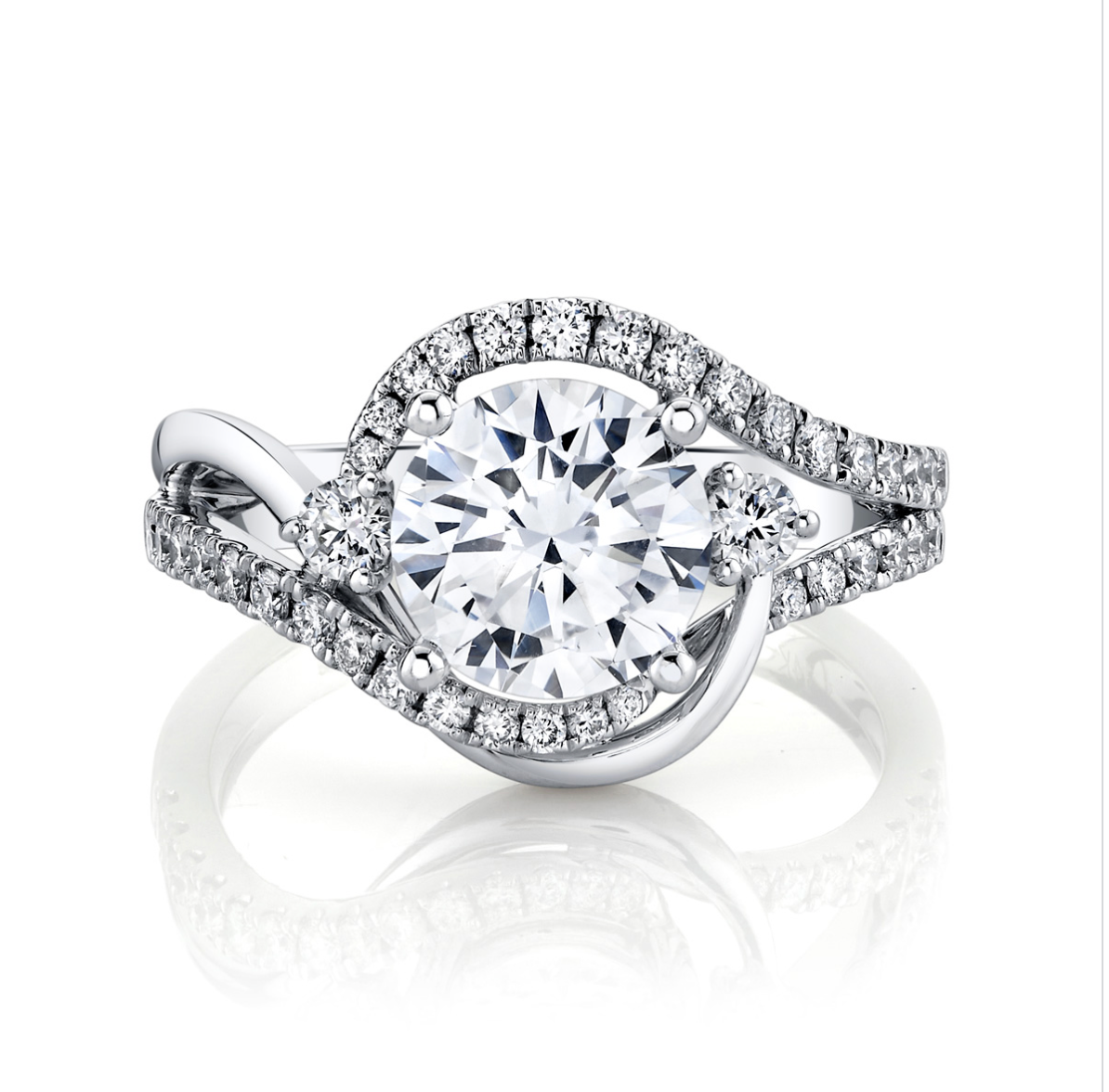 Round Solitaire Semi-Mount Ring w/ Swirl Halo, Split Shank & Accent Stones in 14K White Gold