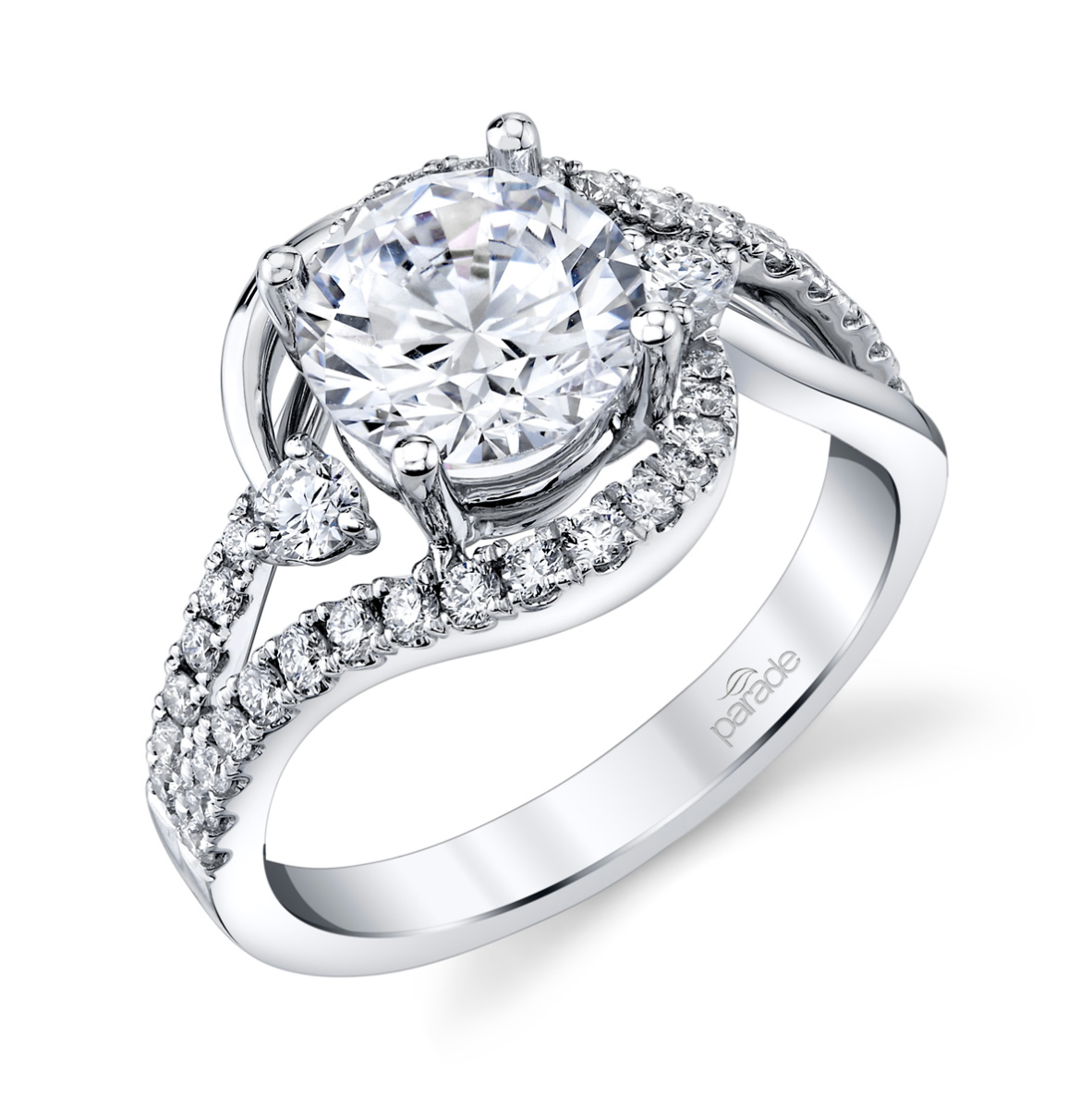Round Solitaire Semi-Mount Ring w/ Swirl Halo, Split Shank & Accent Stones in 14K White Gold