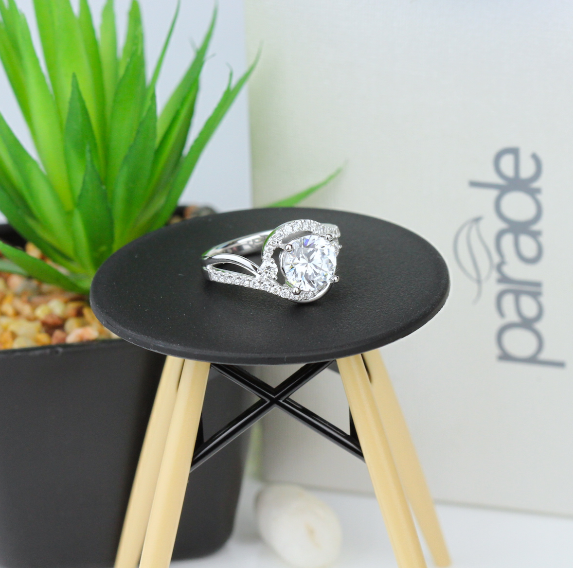 Round Solitaire Semi-Mount Ring w/ Swirl Halo, Split Shank & Accent Stones in 14K White Gold