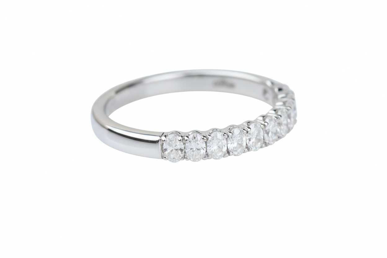 Silver ring with small diamonds on a white background