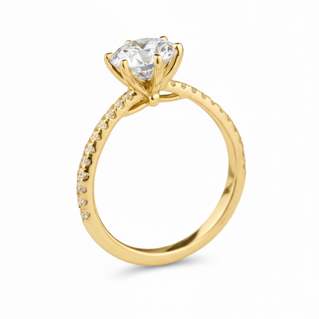 Round 6-Prong Solitaire Semi-Mount Engagement Ring with Diamond Shank in 14K Yellow Gold