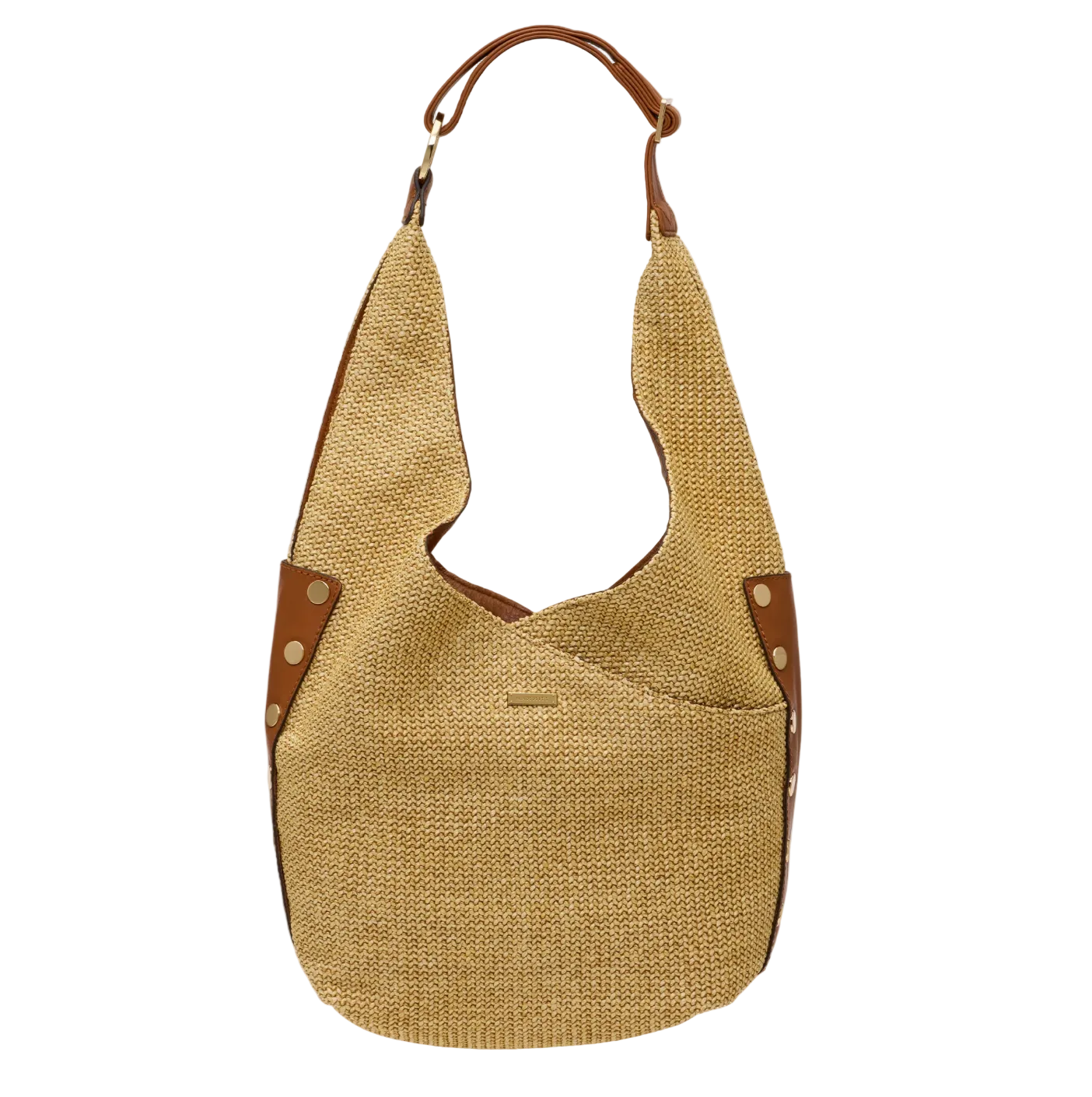 Beige handbag with brown leather accents on a white background