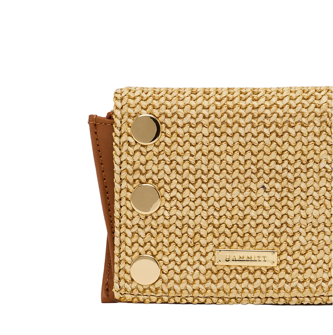 Beige woven wallet with gold buttons on a white background