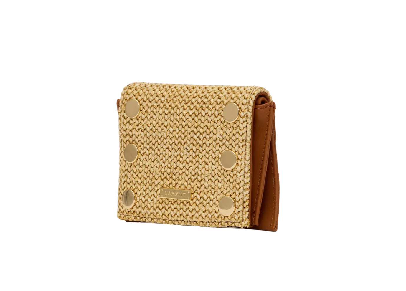 Beige woven wallet with brown leather side on a white background
