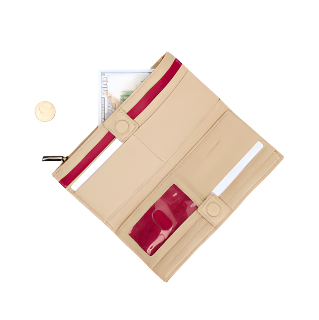 Beige wallet with red interior and zipper on a white background
