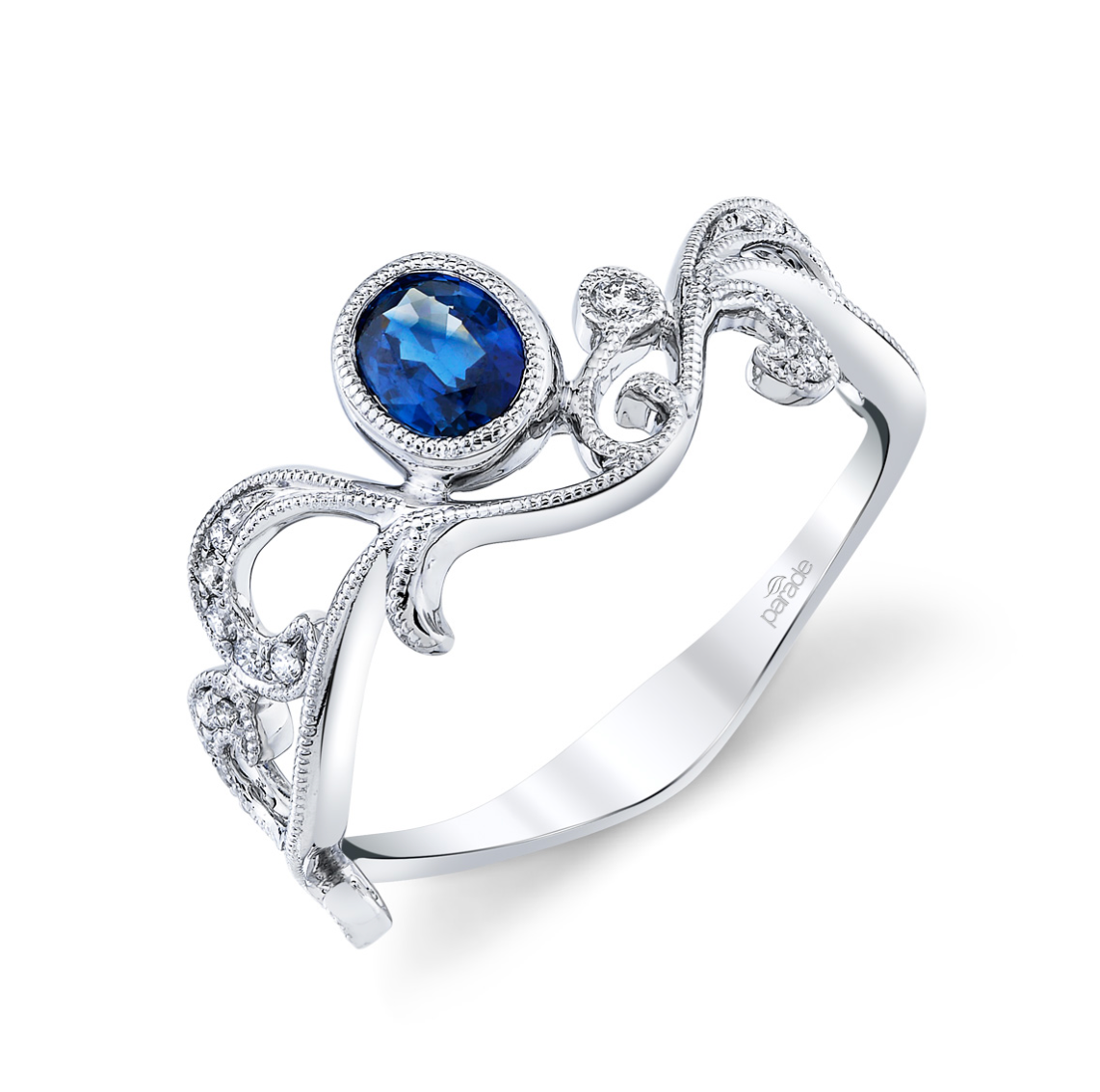 Diamond Swirl Band with Blue Sapphire in 14KW