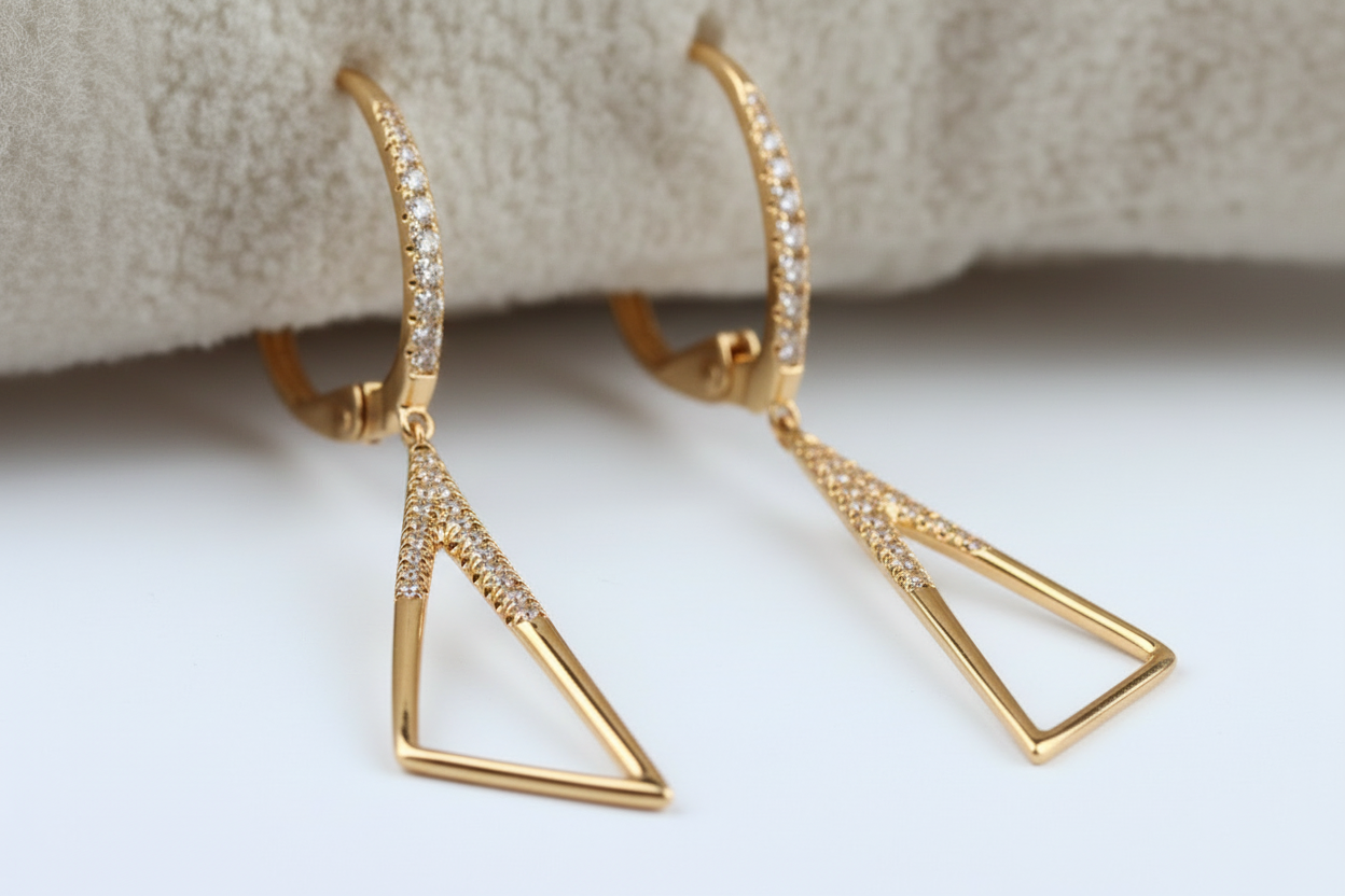 Triangular Dangle Earrings w/ Diamonds in 14KY