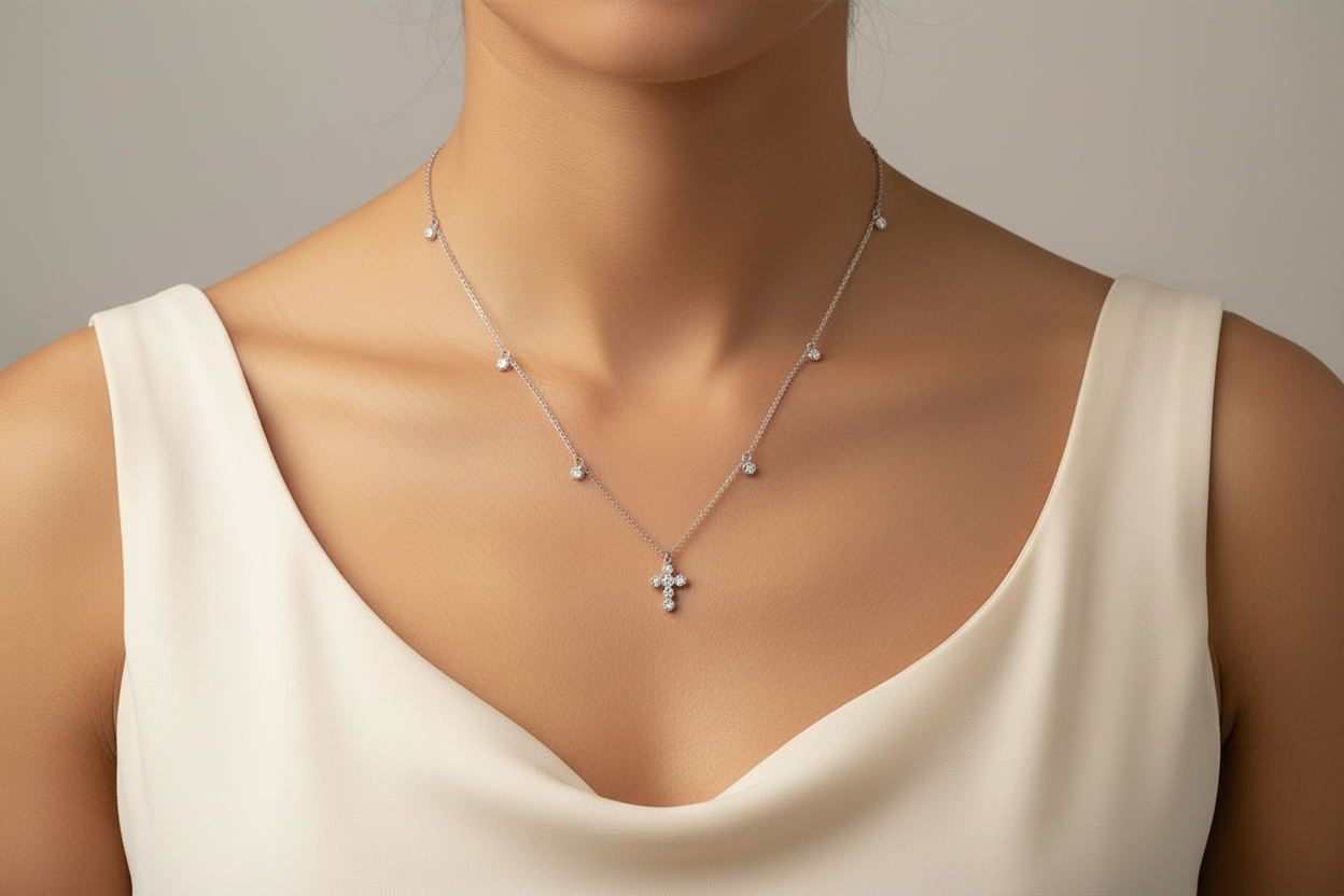Diamond Cross Necklace w/ Drop Accents in 14KW
