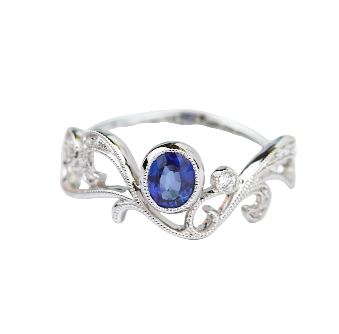 Diamond Swirl Band with Blue Sapphire in 14KW