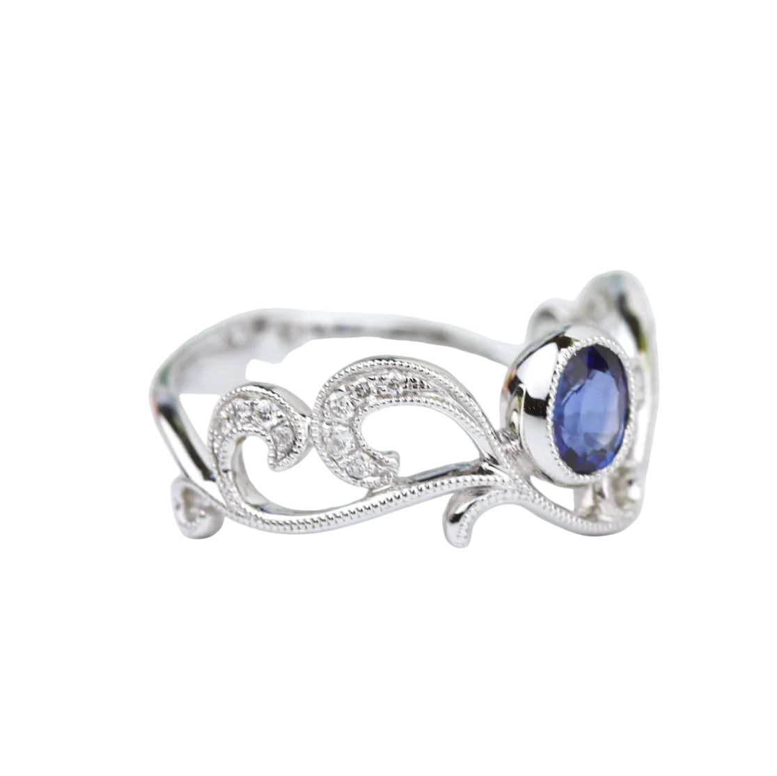 Silver ring with a blue gemstone on a white background
