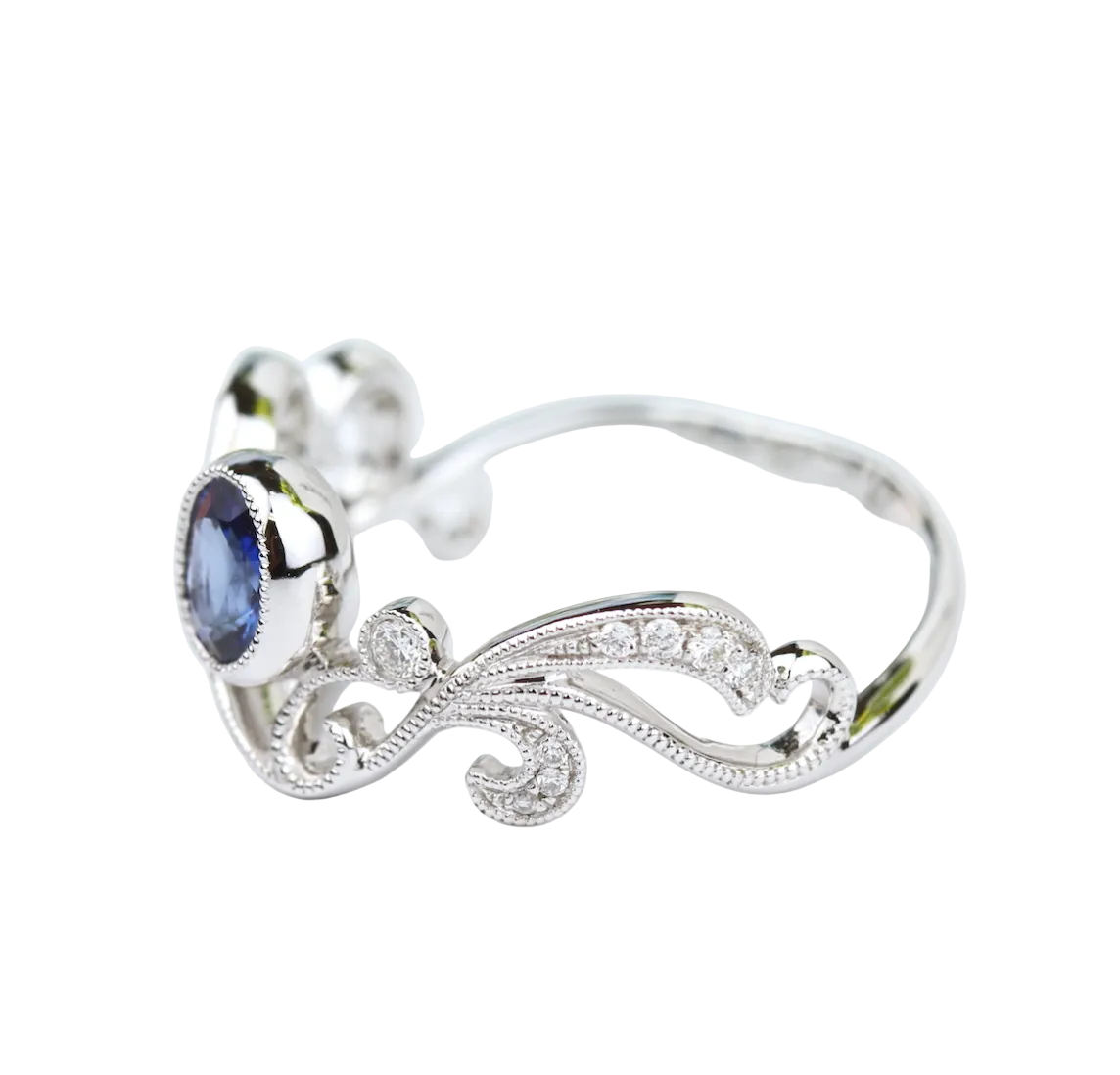 Diamond Swirl Band with Blue Sapphire in 14KW