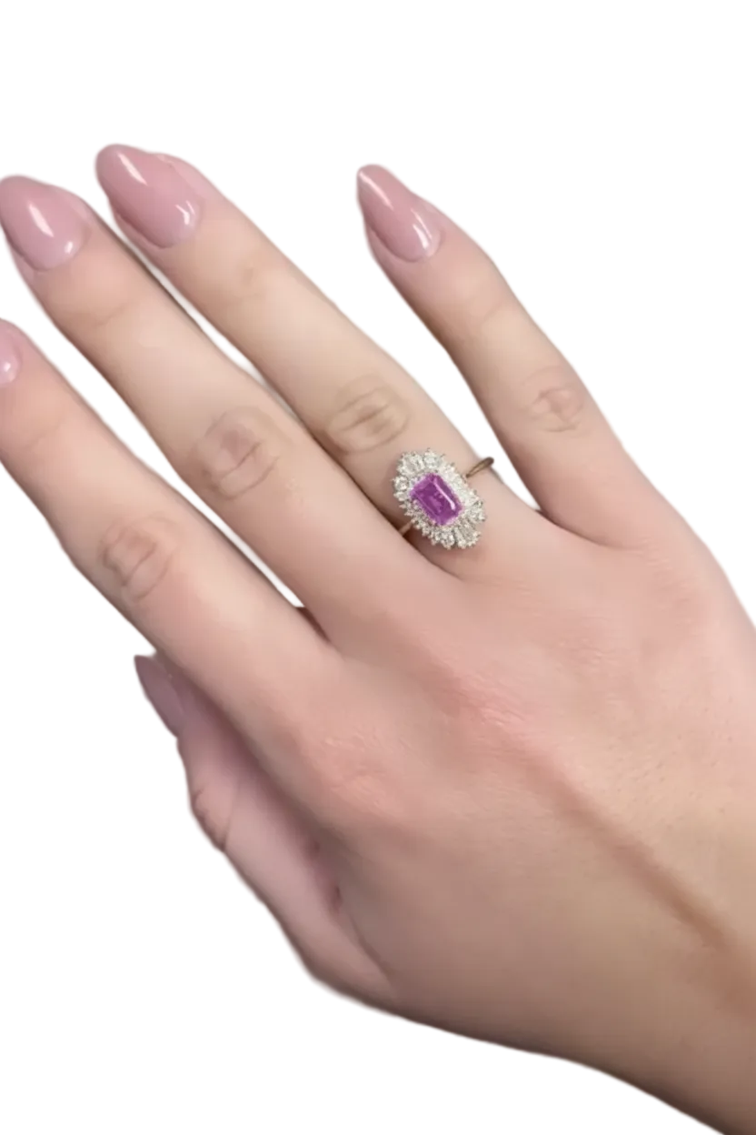 Pink Sapphire Emerald Cut Ring with Fancy Halo in 14KR