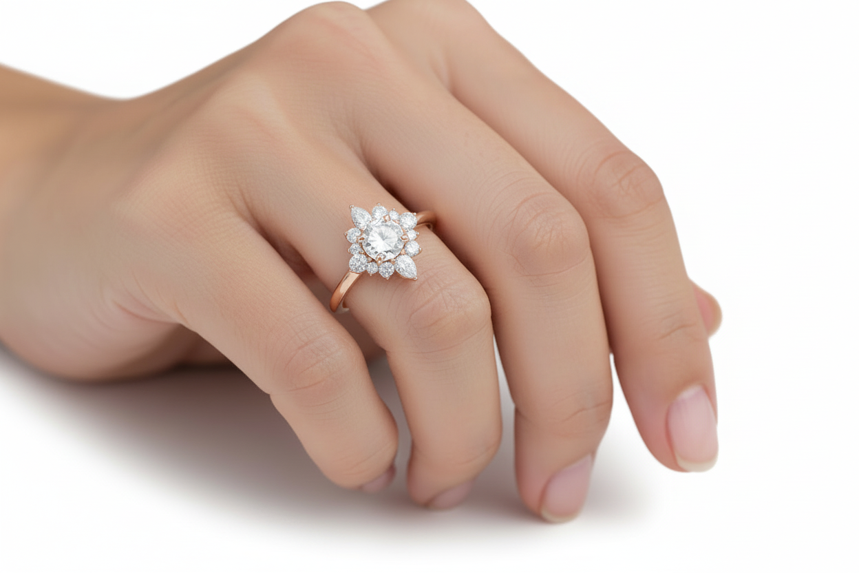 Round Solitaire Semi-Mount Ring with Diamond Shaped Halo in 14K Yellow Gold