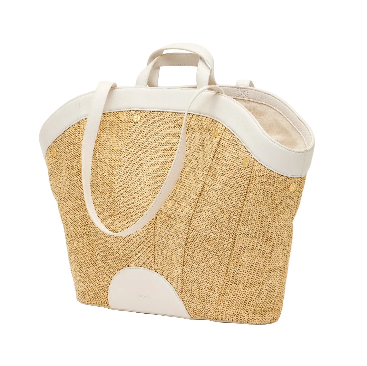 Beige straw tote bag with white handles and trim on a white background