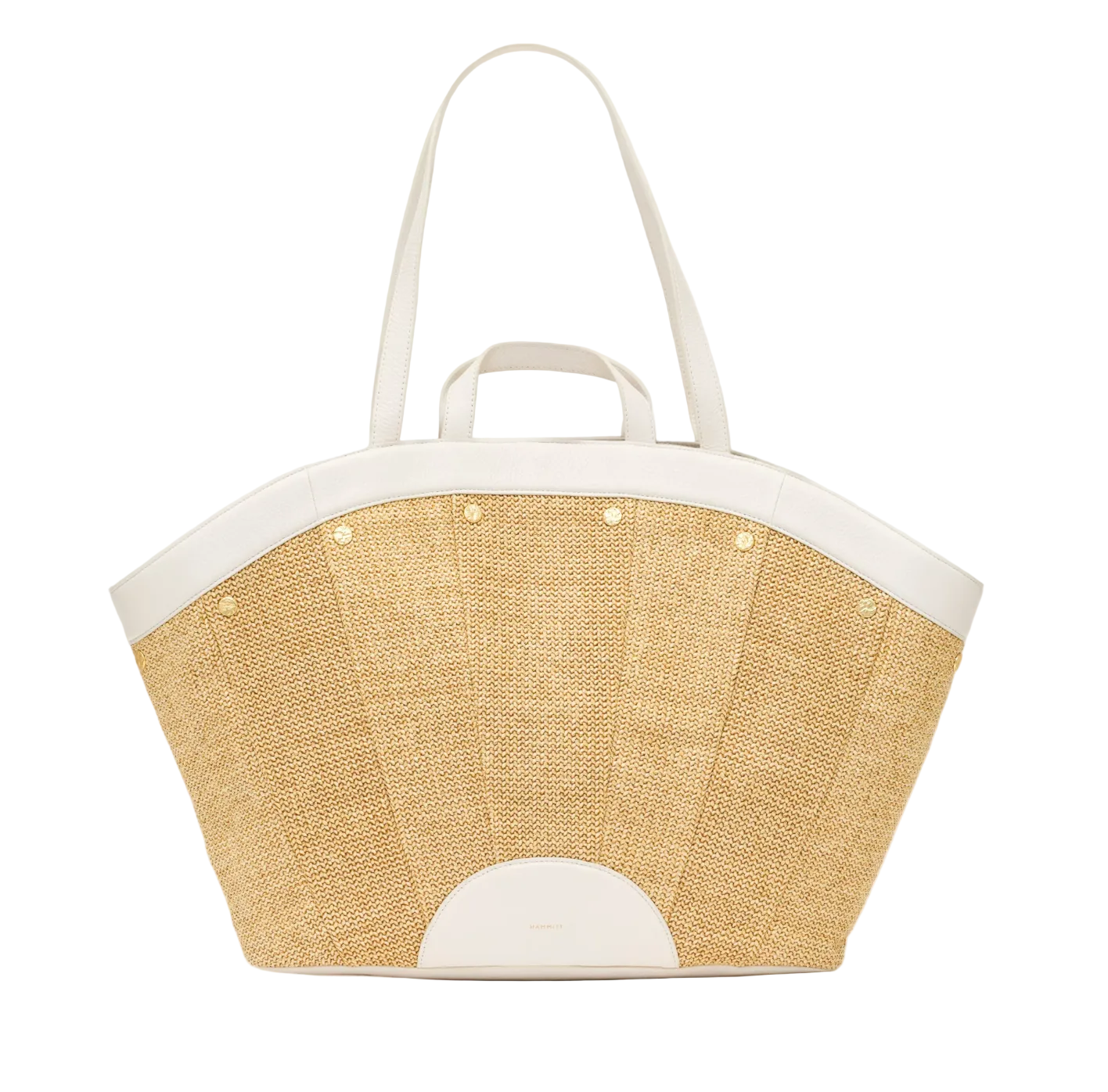 Woven handbag with white accents on a white background