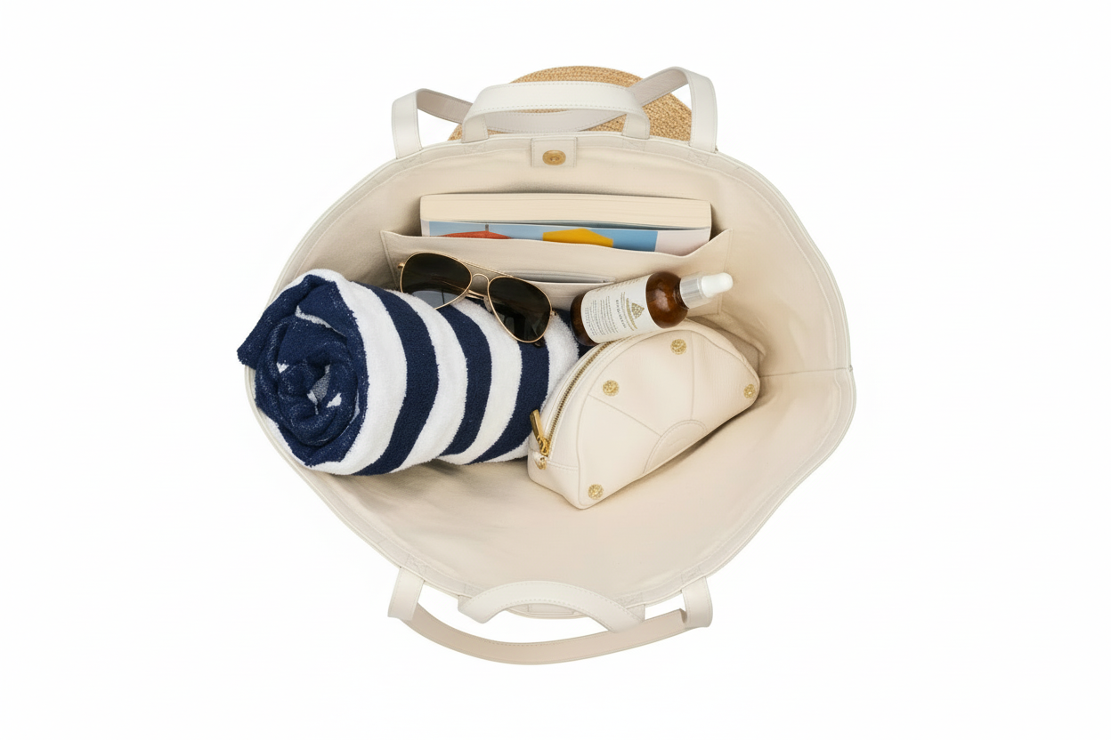 Beige travel bag with a navy and white striped towel and a small pouch on a white background