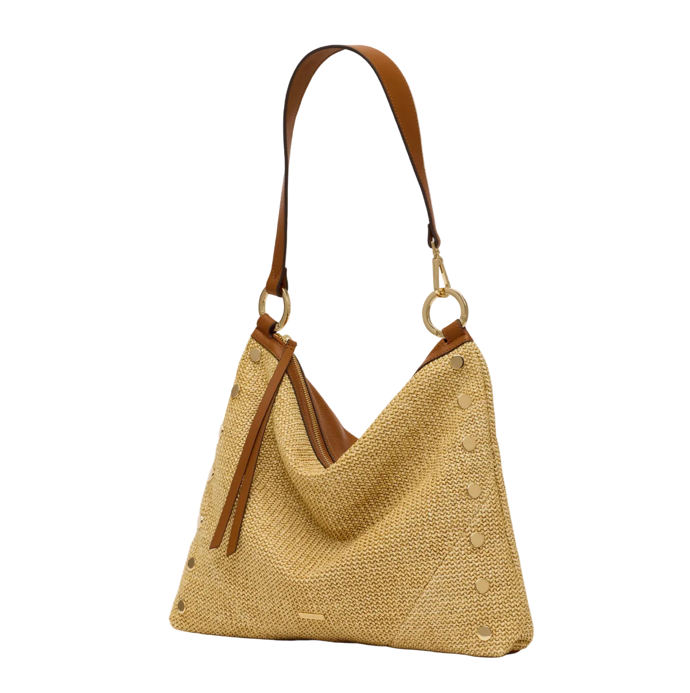 Beige woven handbag with brown leather accents on a white background