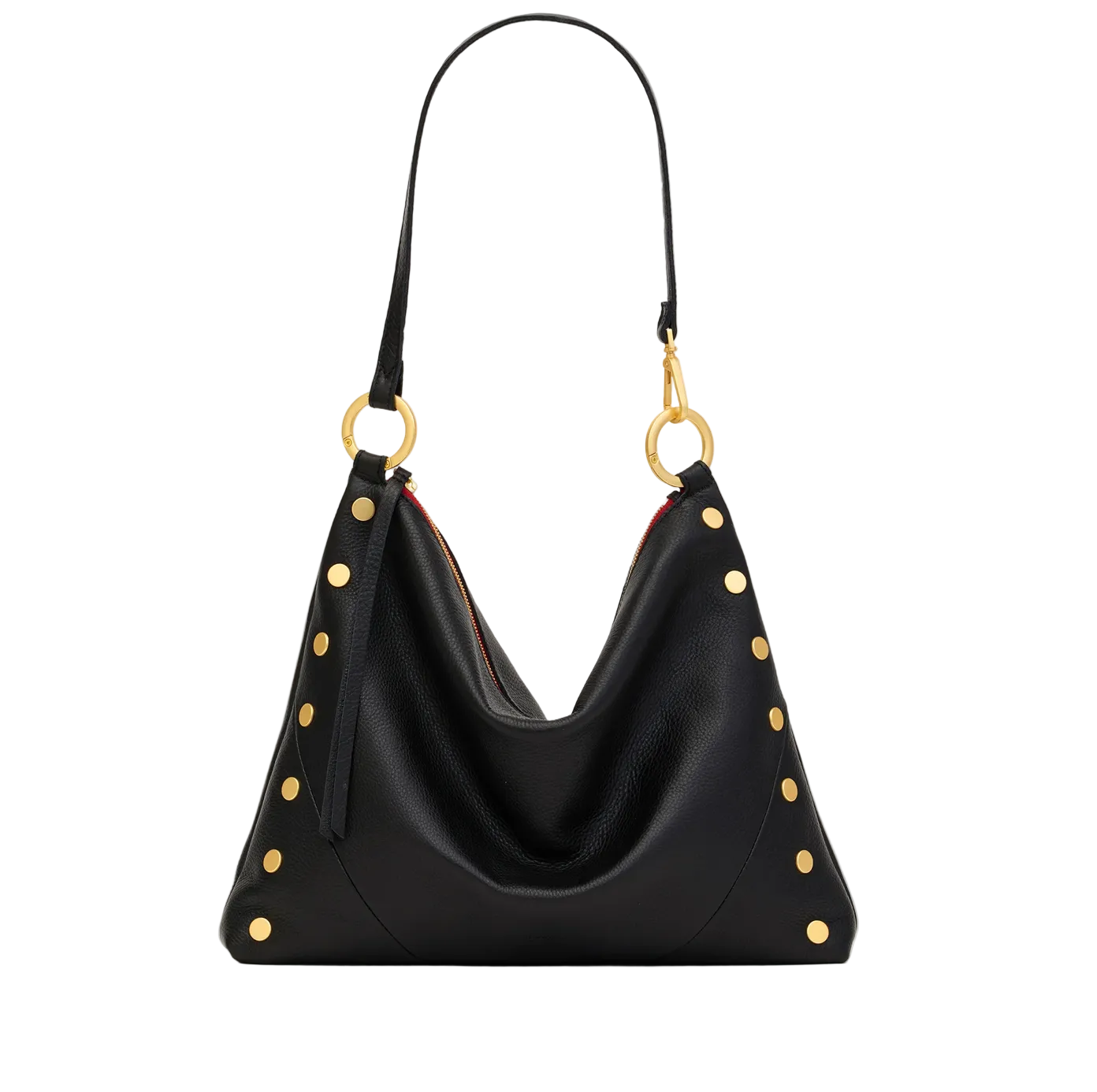 Black handbag with gold studs and rings on a white background