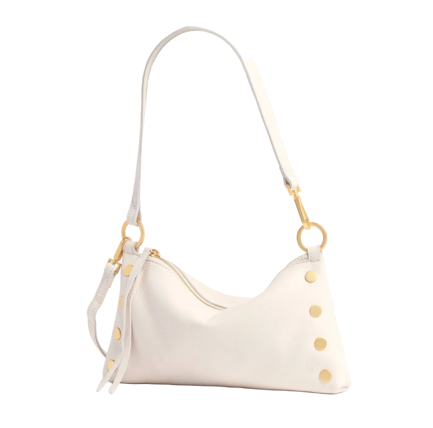 White handbag with gold accents on a white background