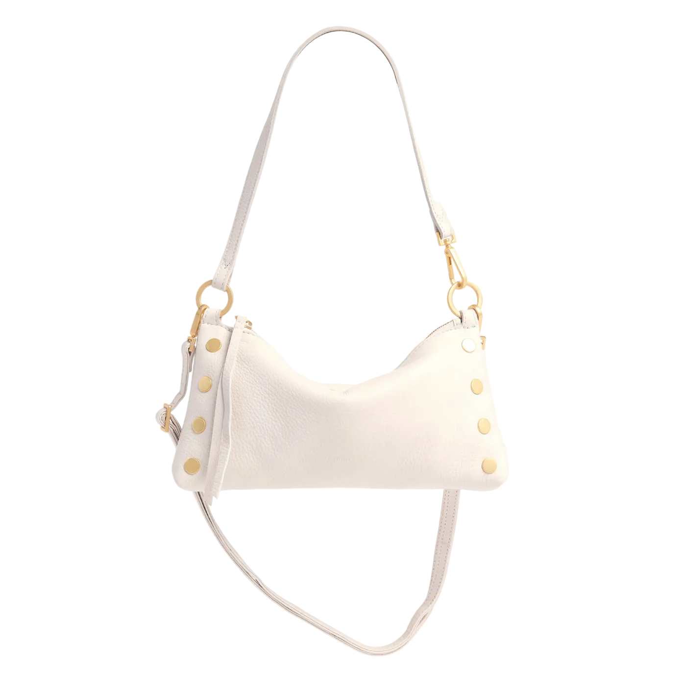 White handbag with gold accents on a white background