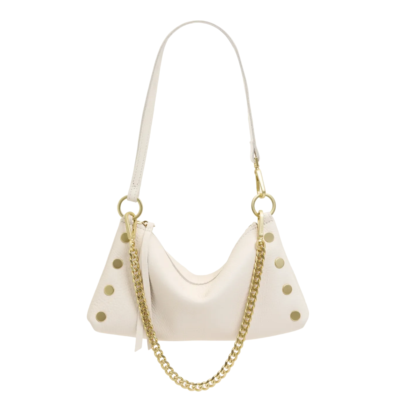White handbag with gold chain and studs on a white background