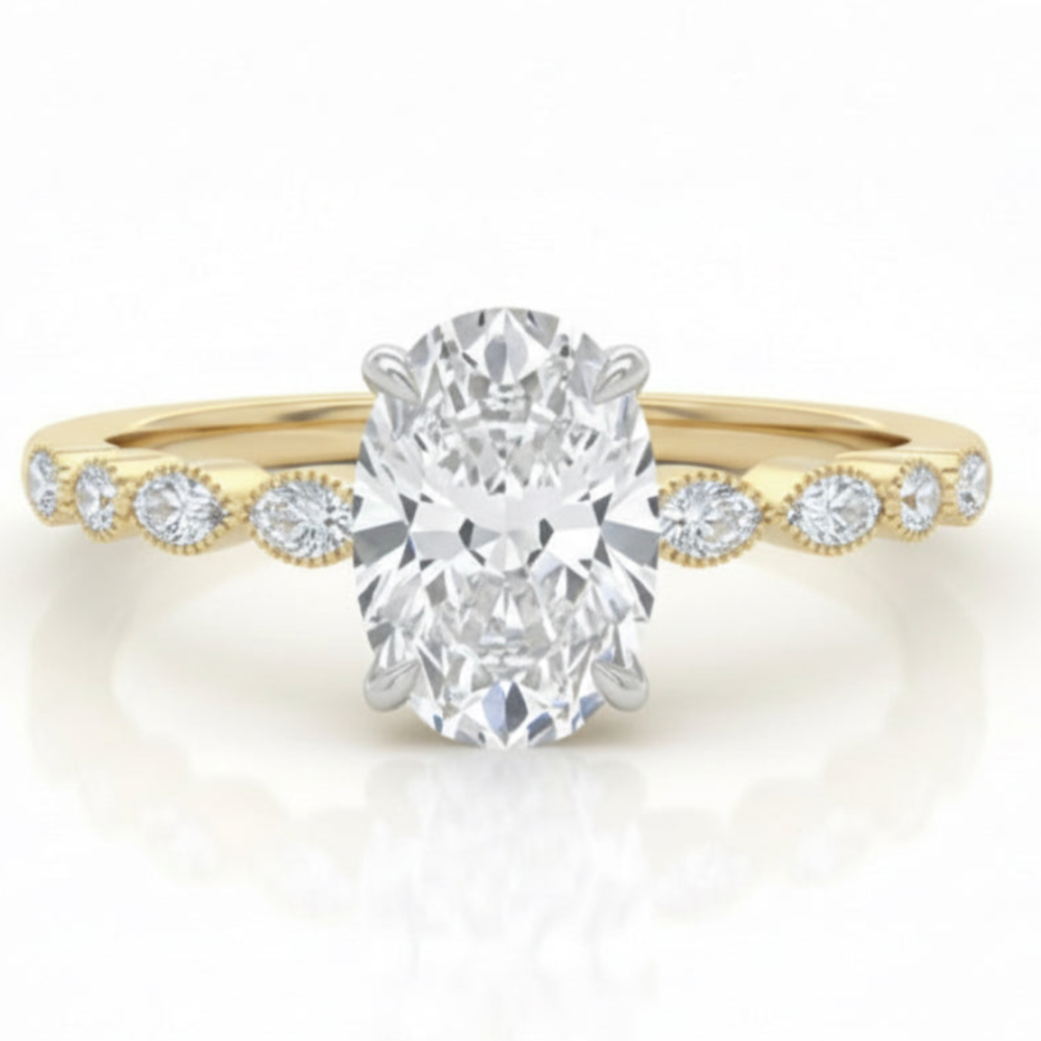 Oval Solitaire Semi-Mount Ring with Milgrain Diamond Shank in 14K Gold