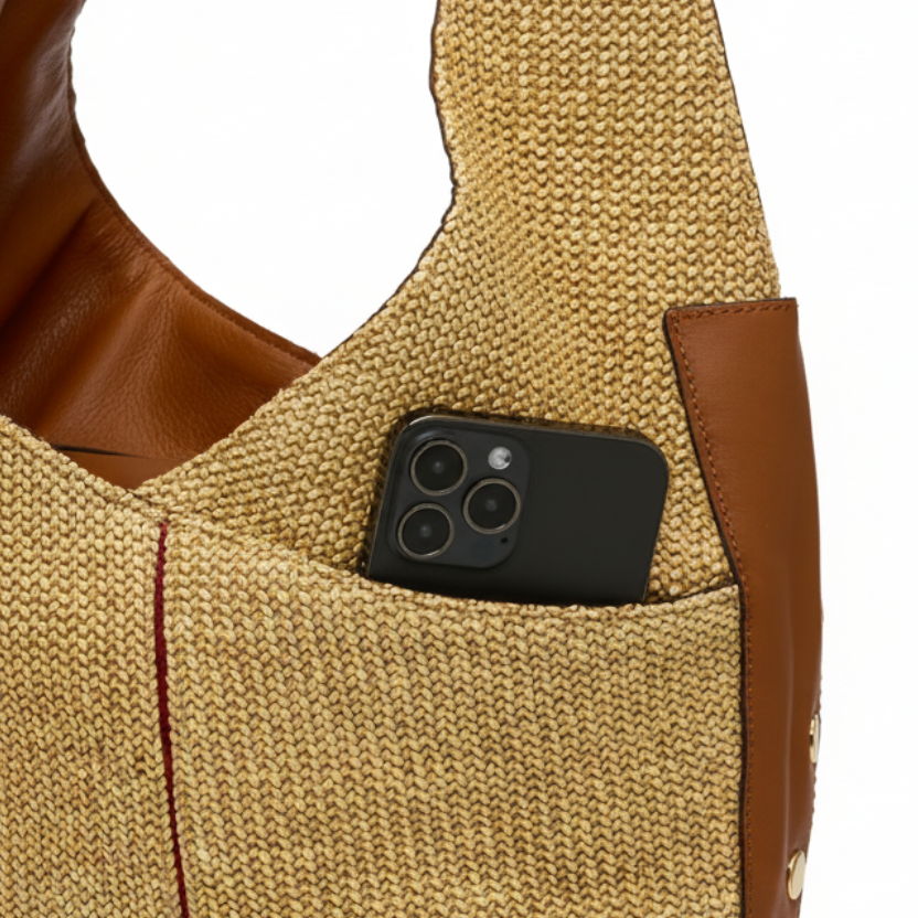TOM ZIP LRG Shoulder Bag in Cocoa Raffia/Gold