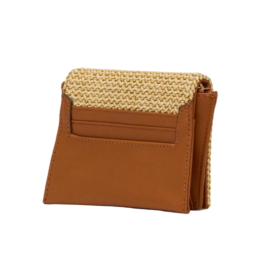 Brown wallet with textured beige top section on a white background