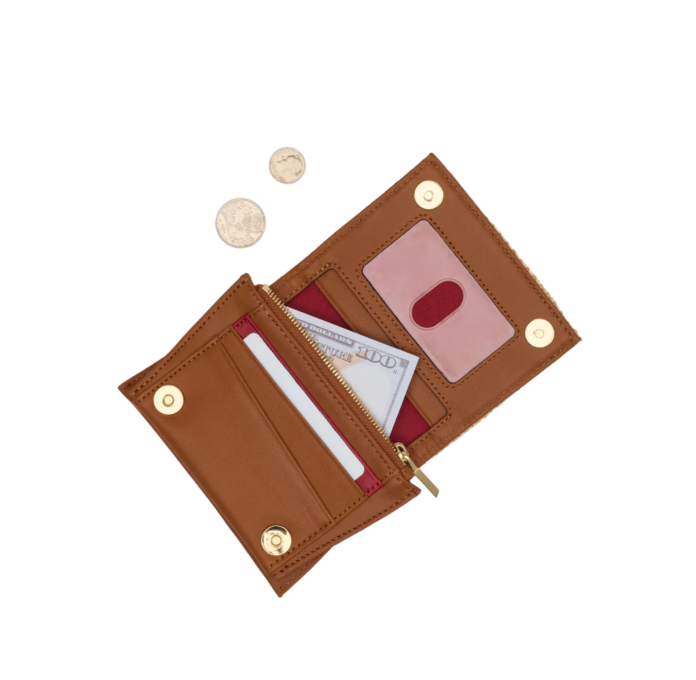 Brown leather wallet with card slots and coin pouch on a white background