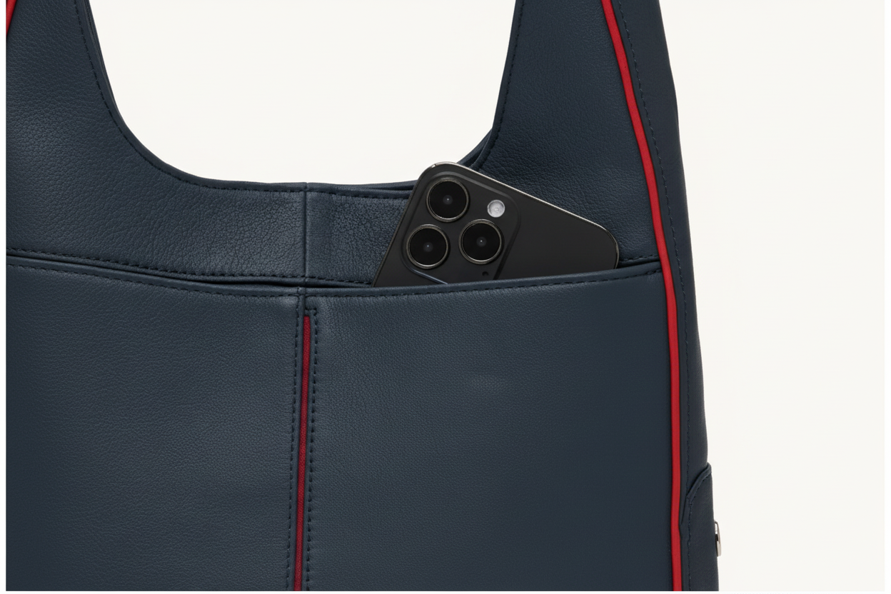 Navy blue leather bag with a phone pocket containing a black smartphone.