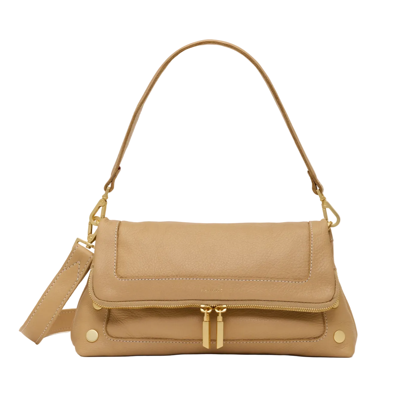 Beige handbag with gold accents on a white background
