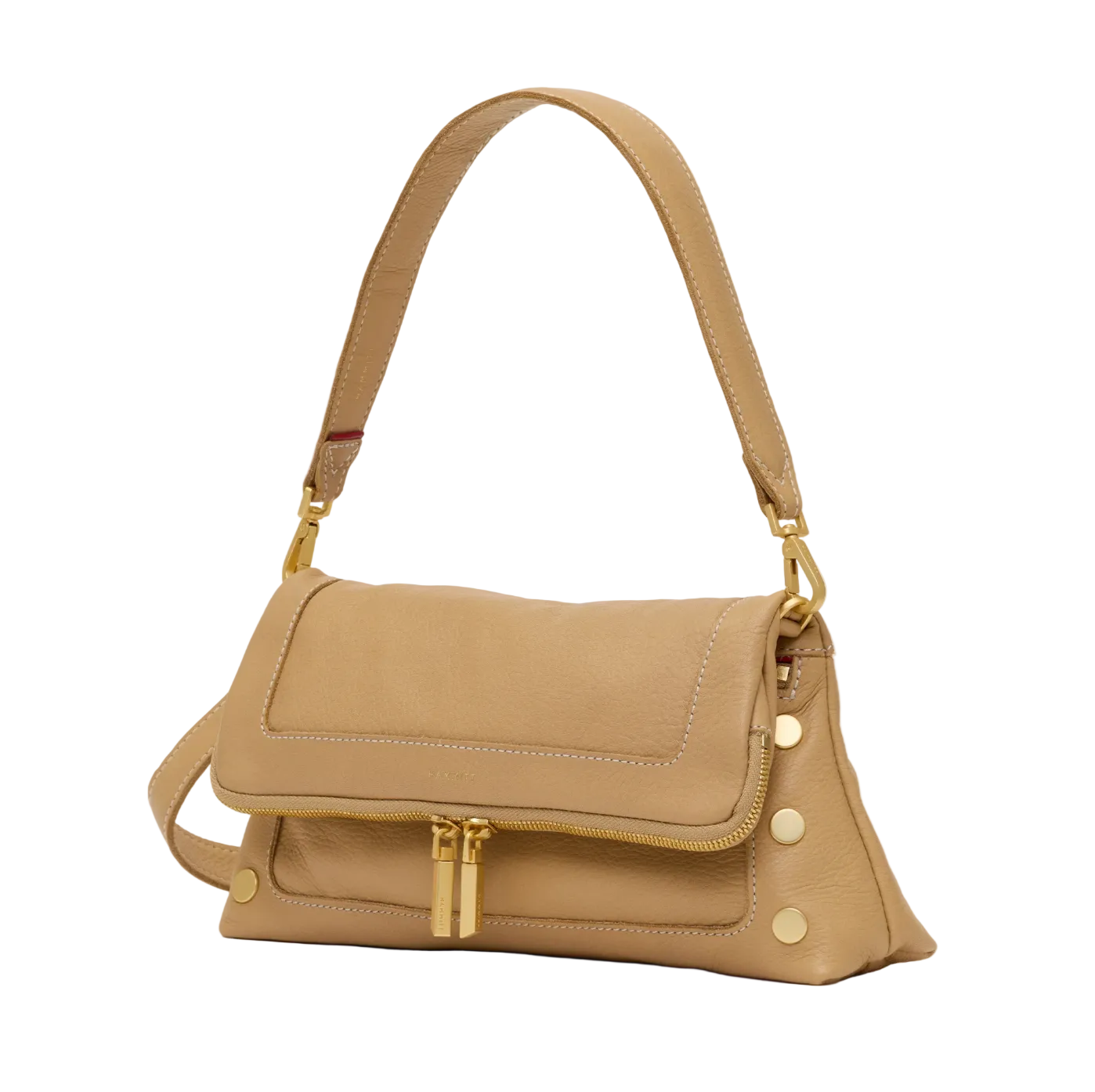 Beige handbag with gold accents on a white background