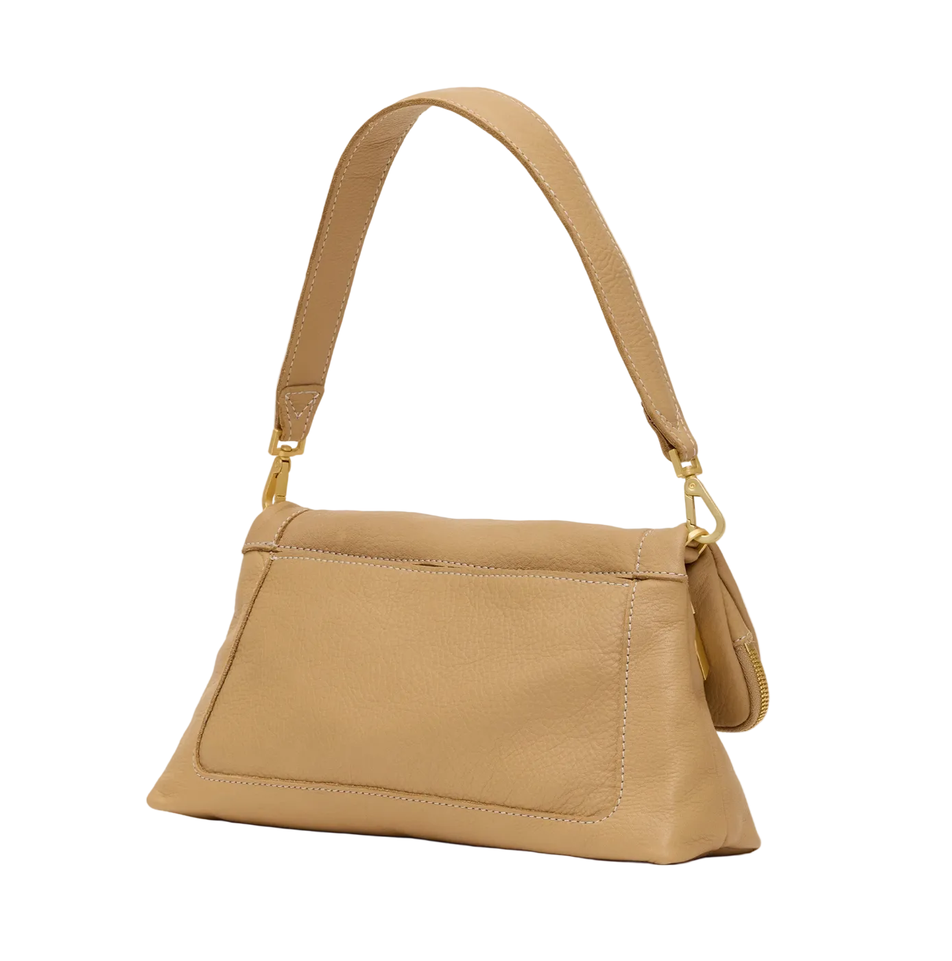 The back view of a beige handbag with a strap on a white background
