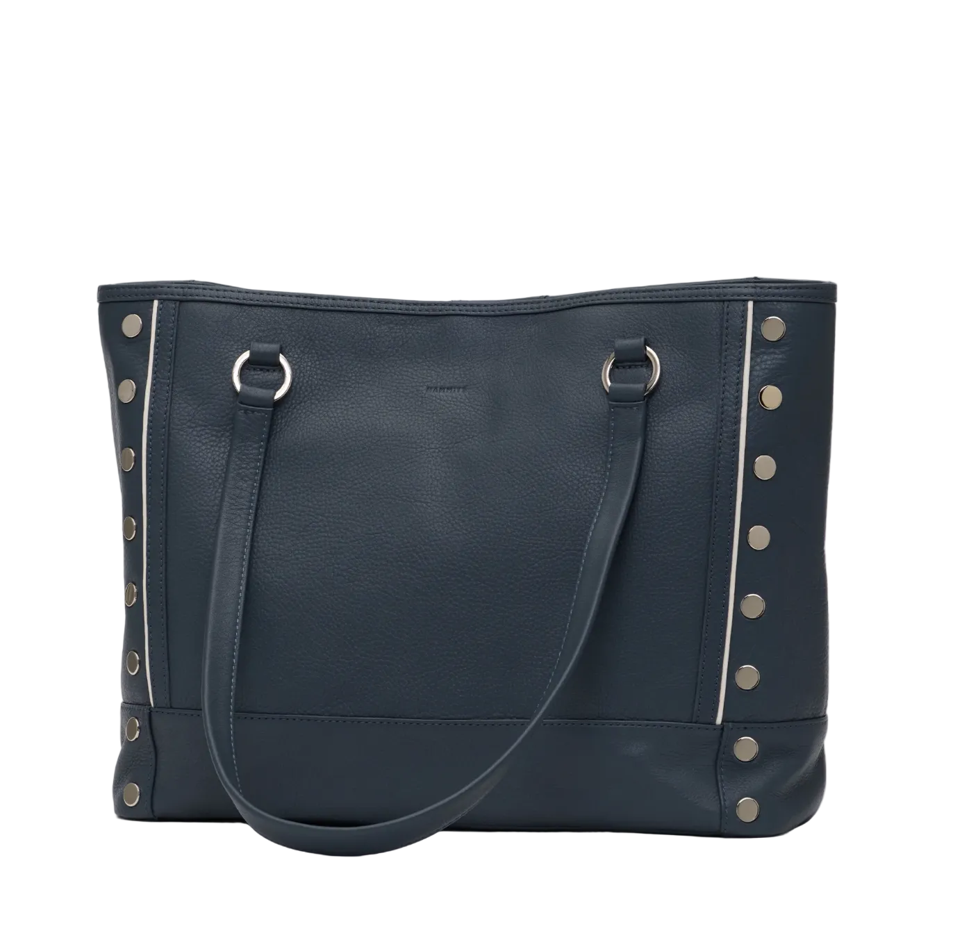 Navy blue handbag with silver studs on a white background