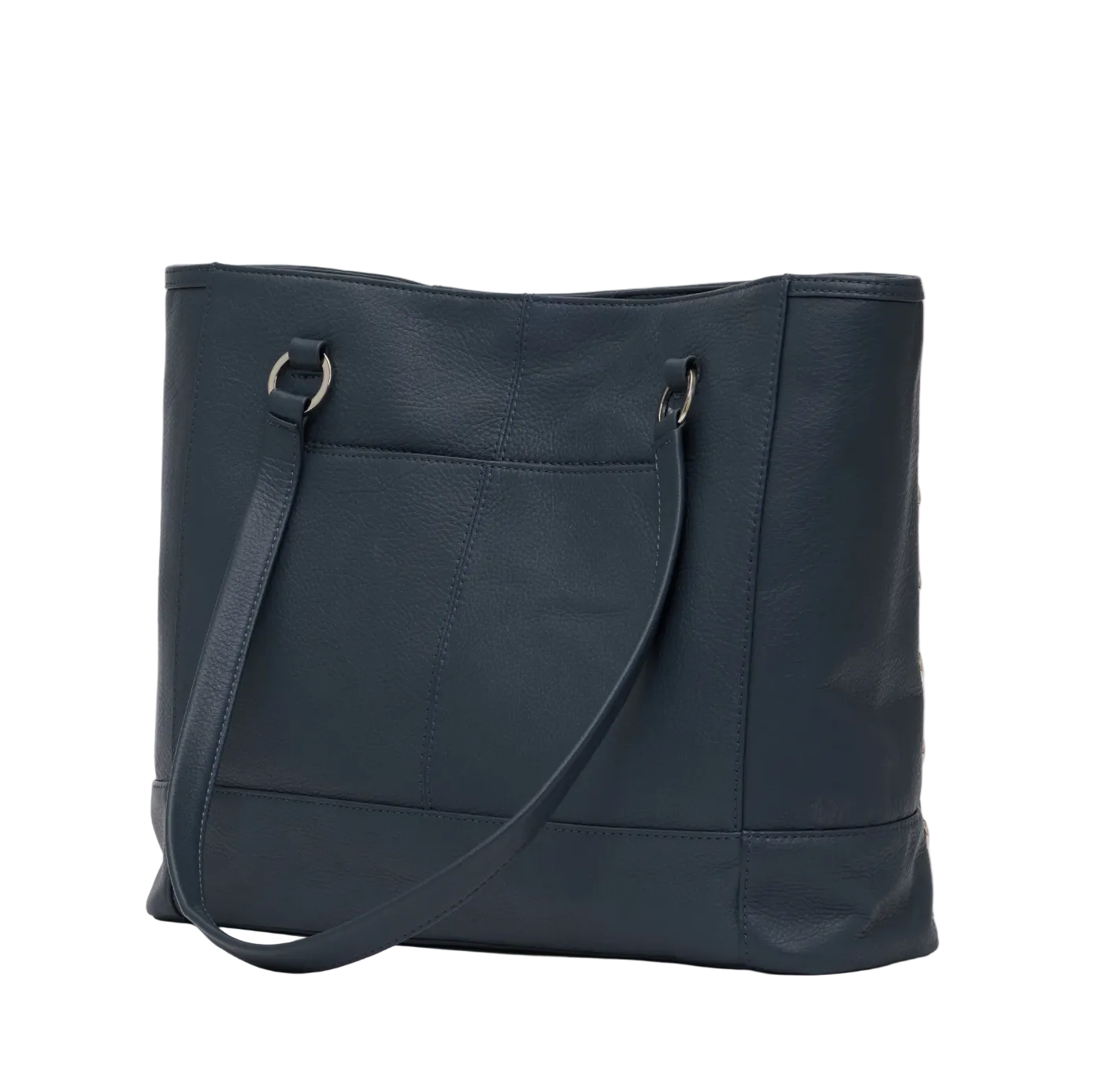 Black leather tote bag with a shoulder strap on a white background