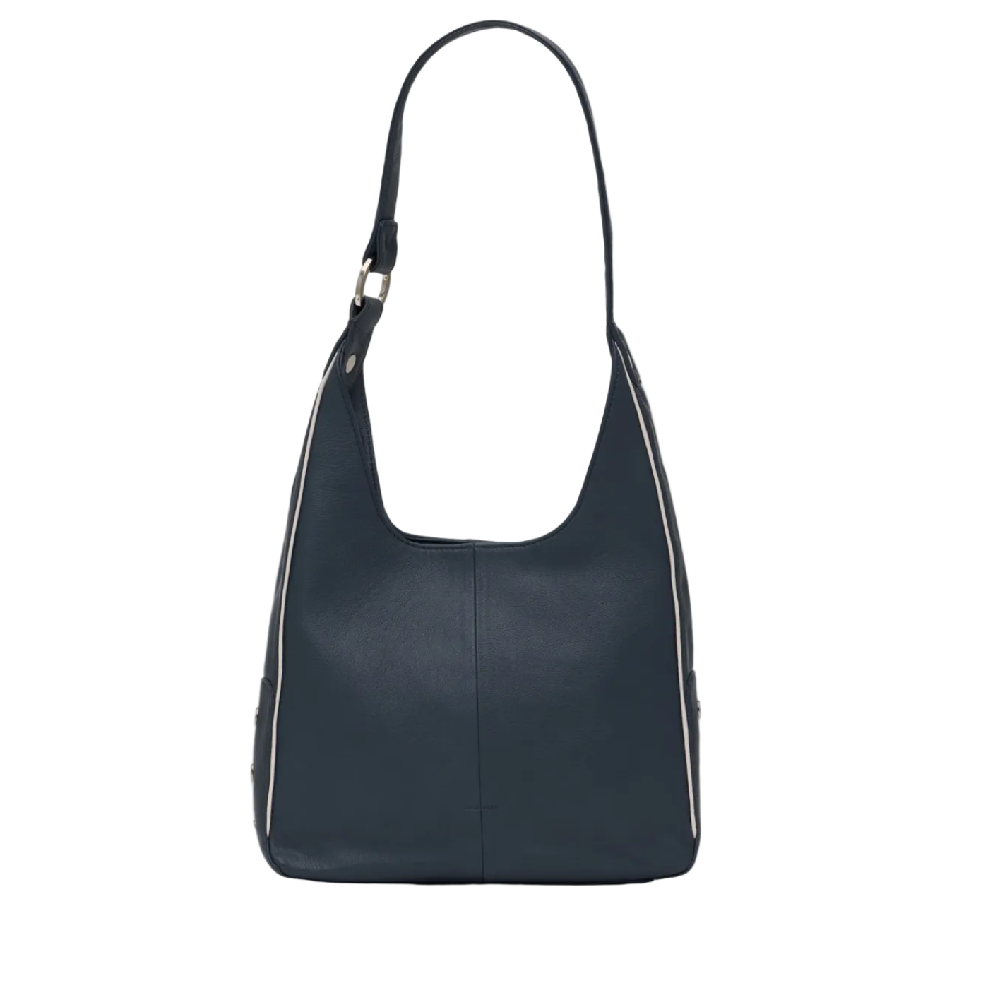 Navy blue handbag with white trim on a white background