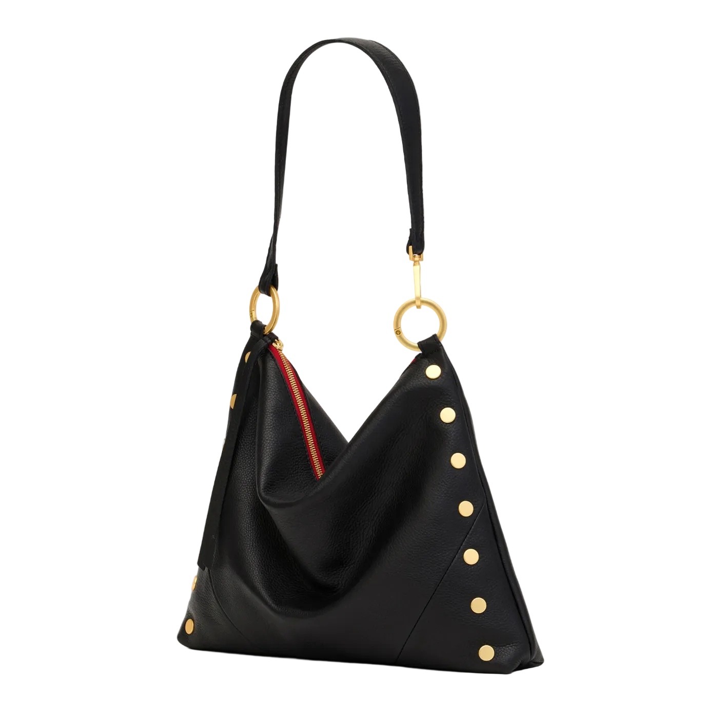 Black handbag with gold studs and a ring handle on a white background