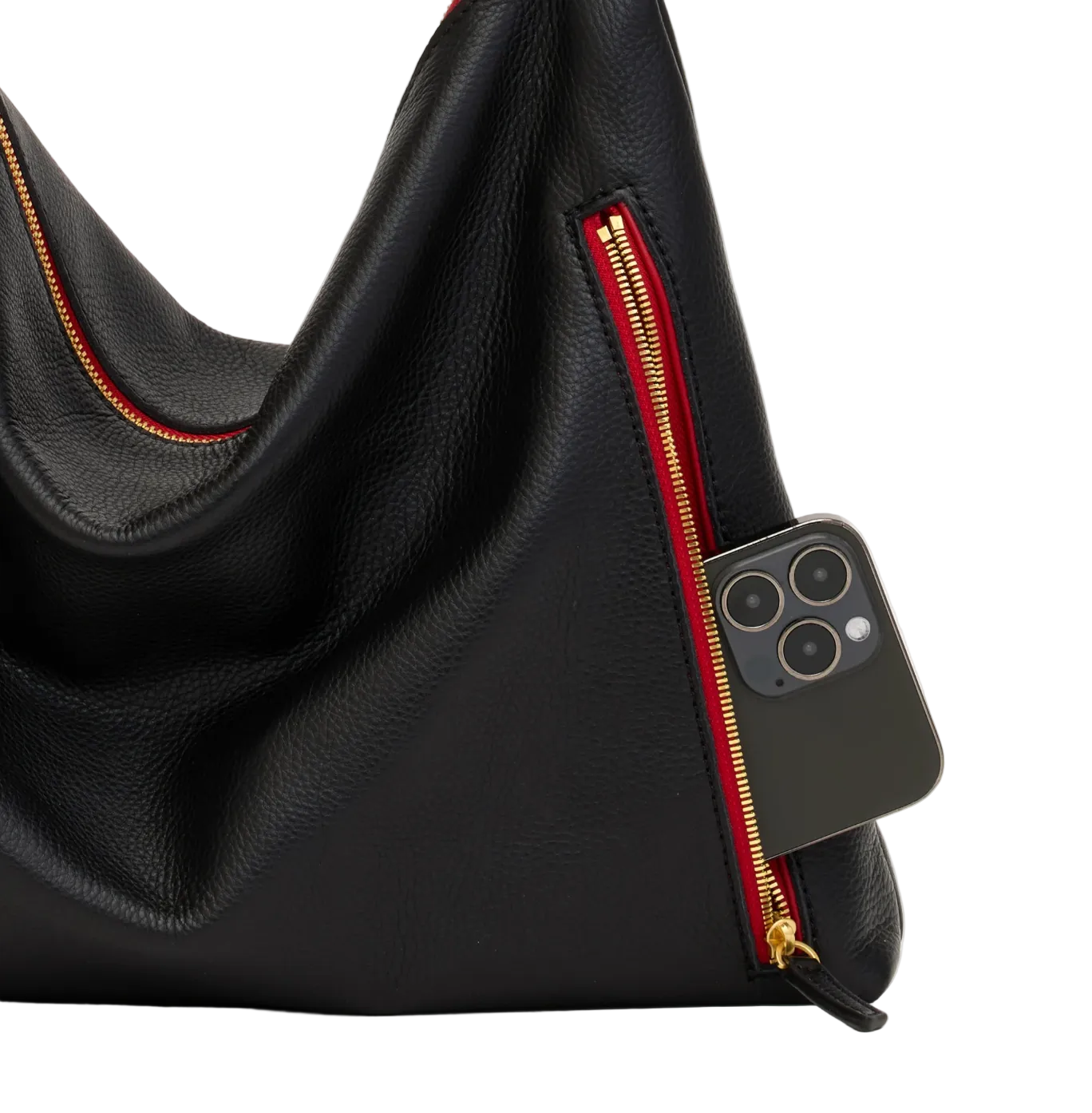 Black leather handbag with a red zipper partially open, revealing a smartphone inside.