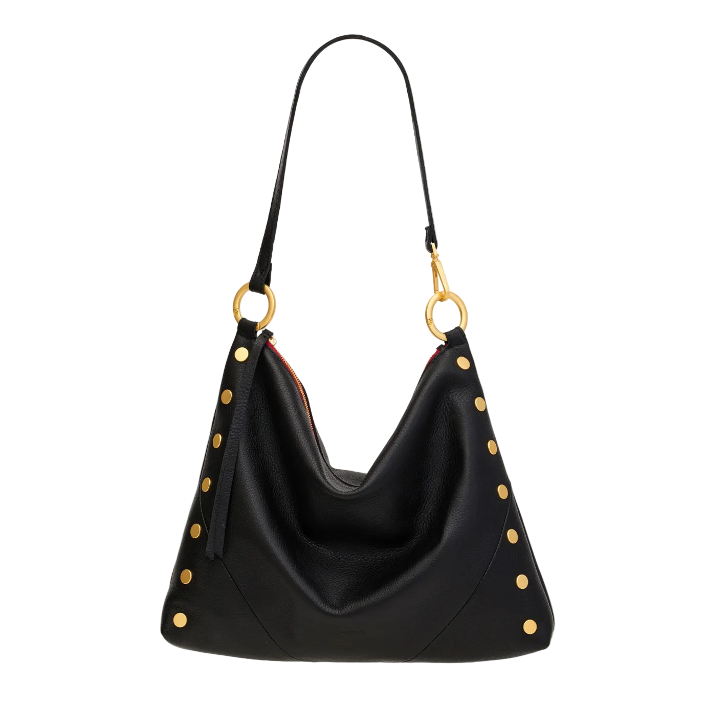 Black handbag with gold studs and a strap on a white background
