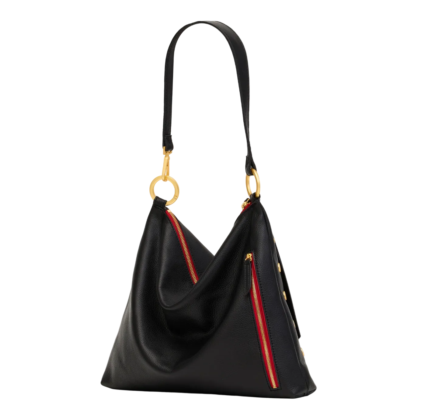 Backside view of black handbag with gold hardware on a white background