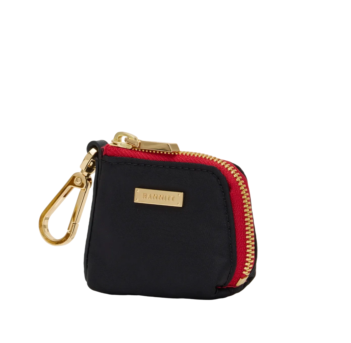 Black and red zippered pouch with gold zipper pull on a white background