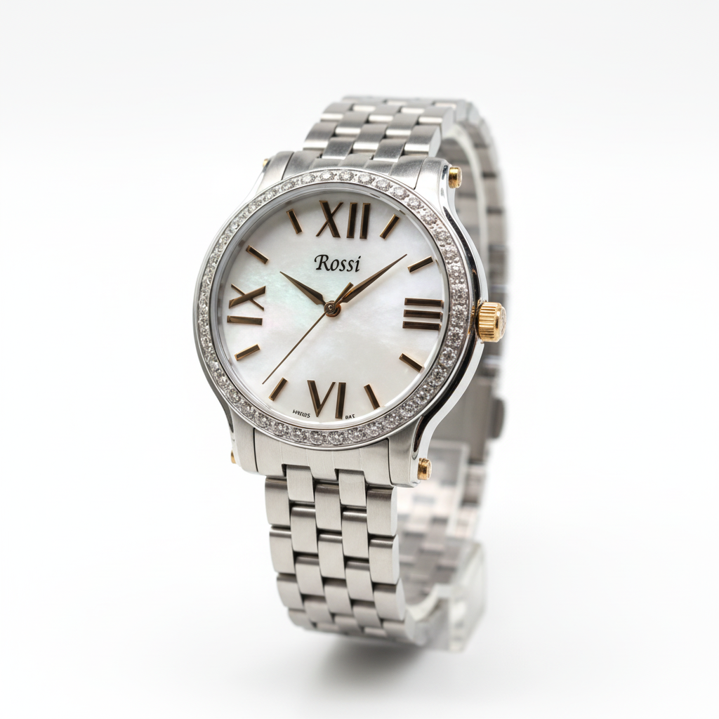 Rossi Ladies Stainless Steel Watch with Genuine Mother-of-Pearl Dial and Genuine White Topaz Bezel