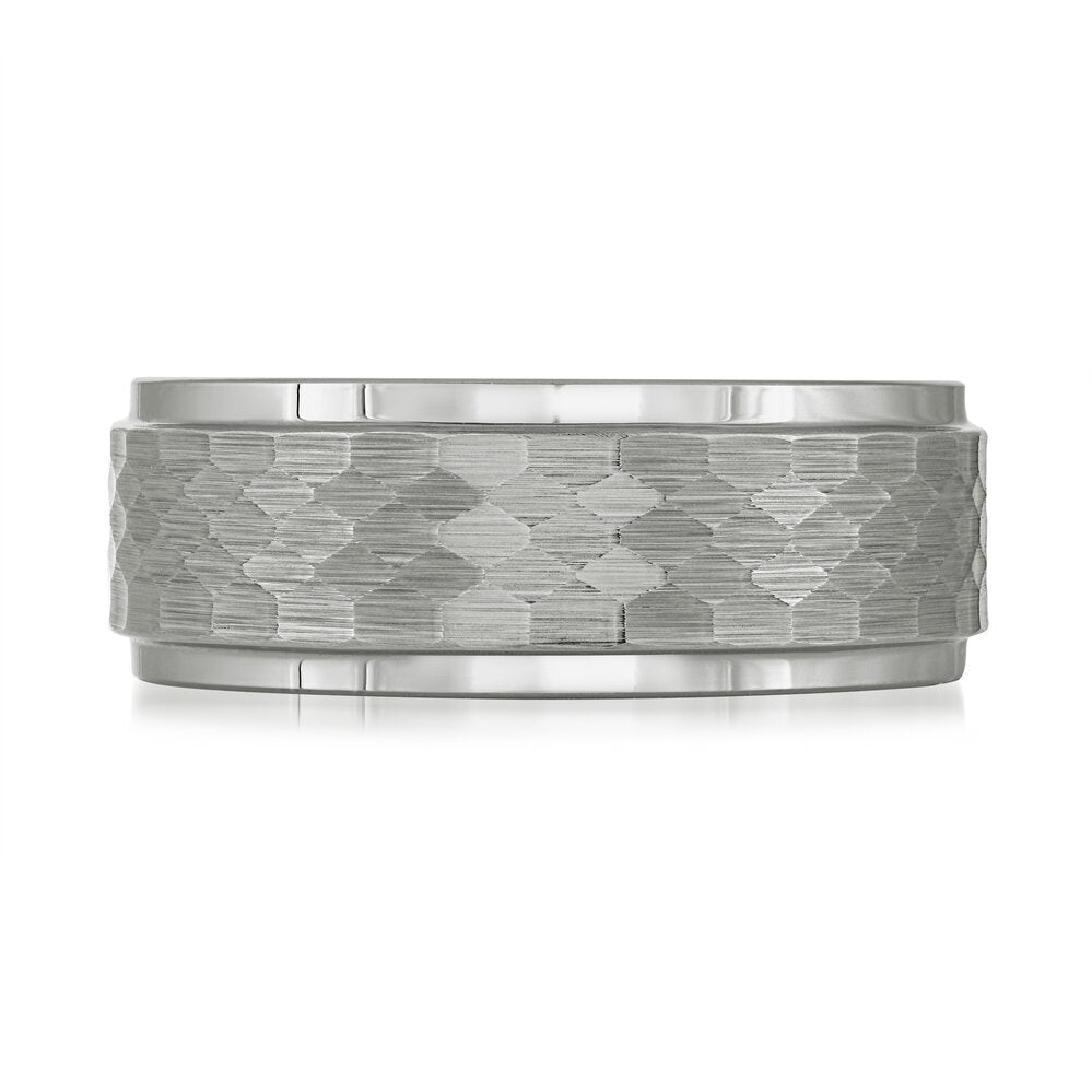 8mm White Tungsten Band with Hexagonal Center & Step Edge