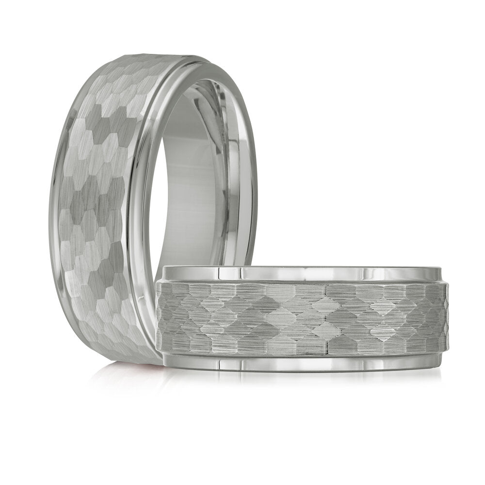 8mm White Tungsten Band with Hexagonal Center & Step Edge