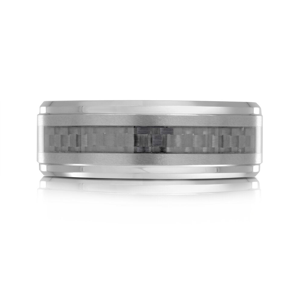 8mm White Tungsten Band with Black Woven Carbon Fiber Inlay