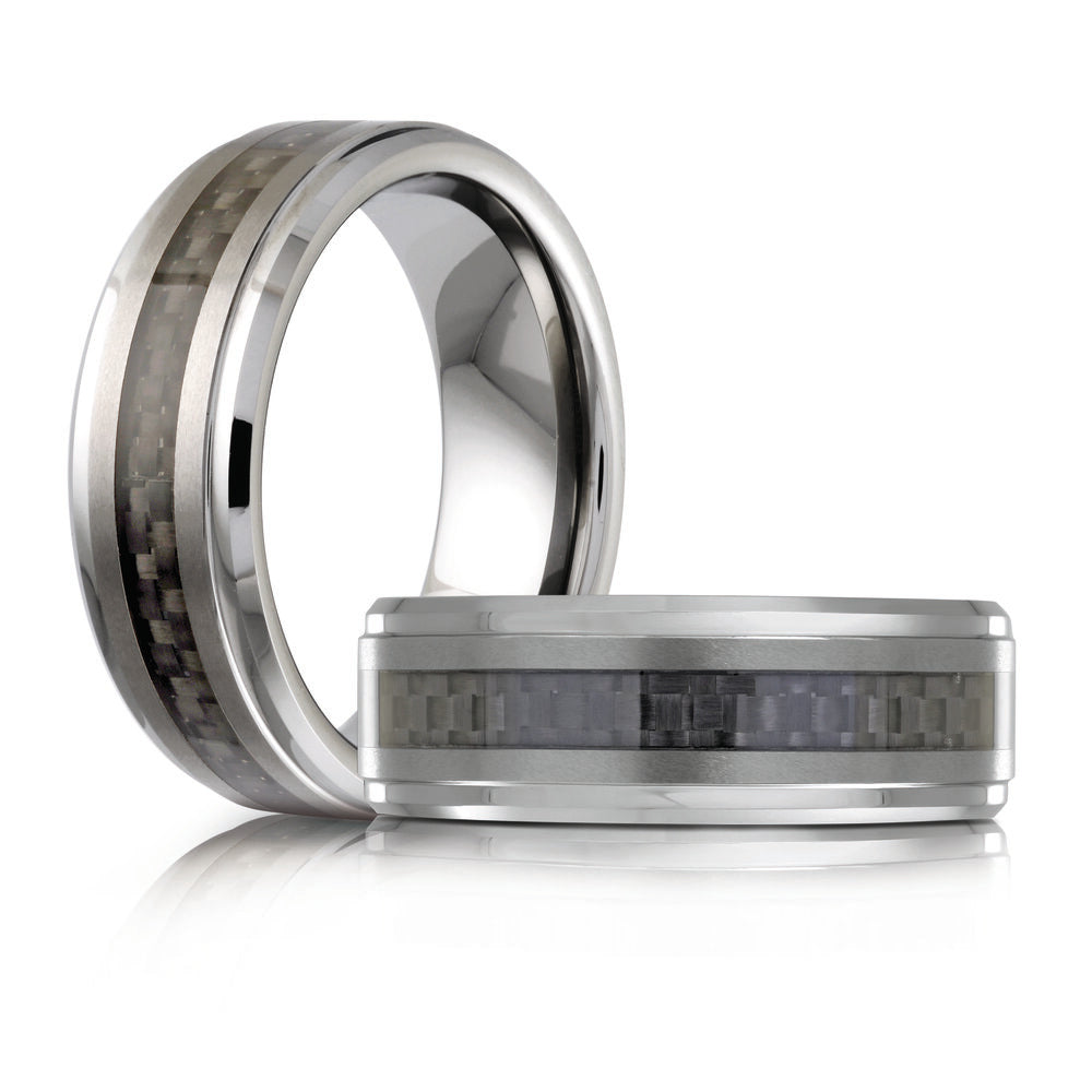 8mm White Tungsten Band with Black Woven Carbon Fiber Inlay