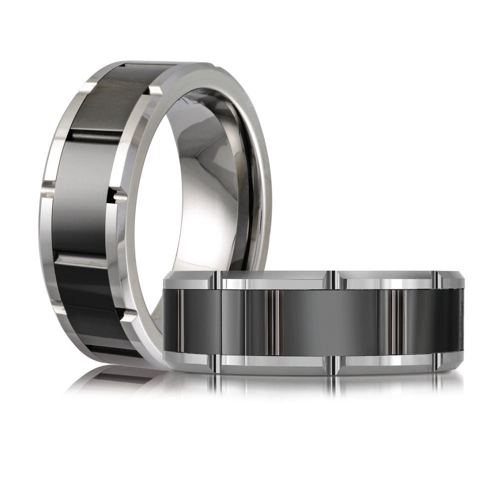 8mm White Tungsten Band with Black Brick Pattern